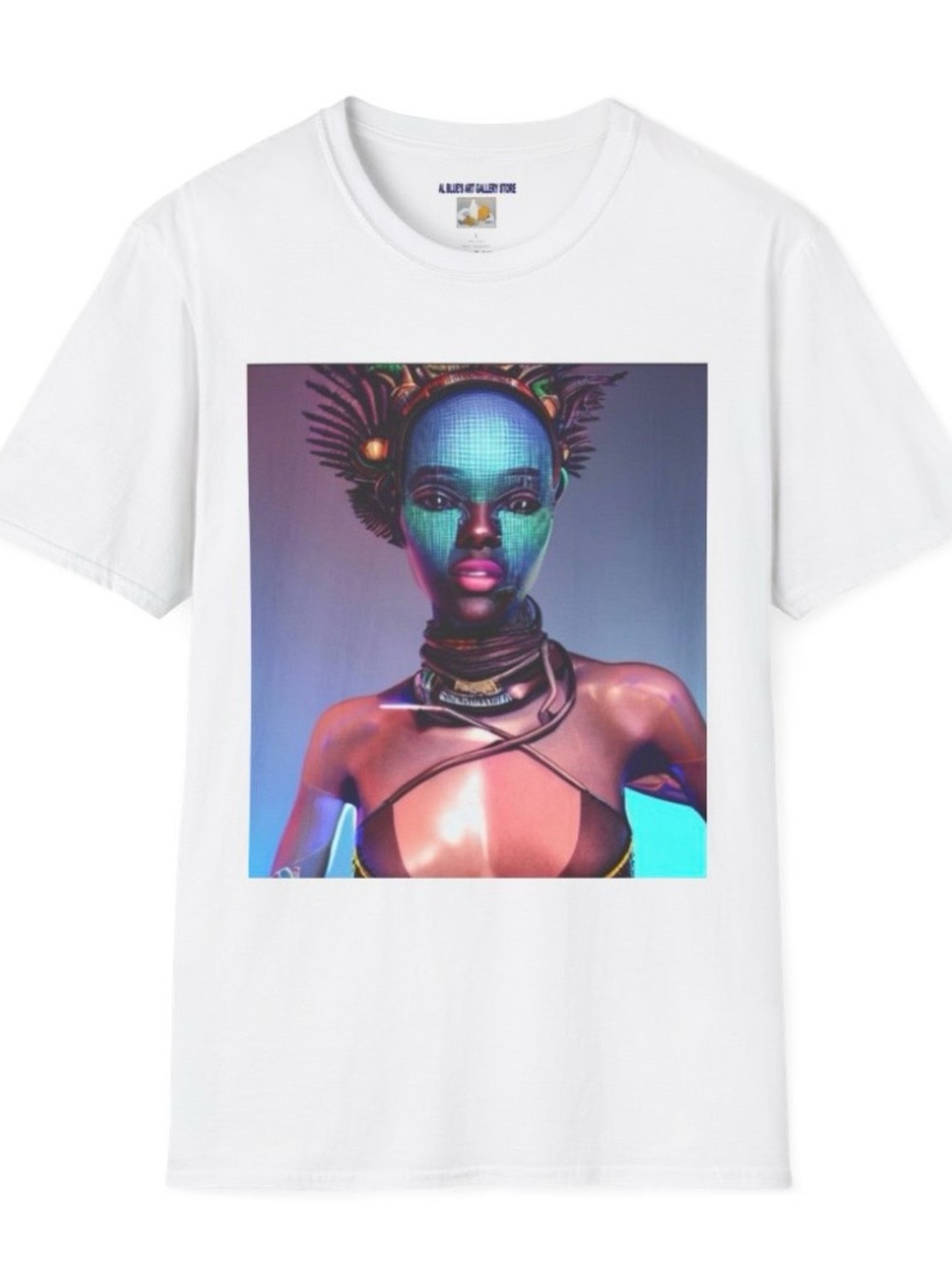 Al Blue designed ,White Short Sleeve Tee with Colorful Futuristic Portrait Print